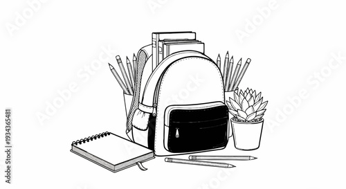 A backpack, books, pencils, notebook, and plant create a back-to-school arrangement