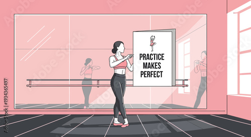 Ballet Dancer Holds "Practice Makes Perfect" Sign in Studio