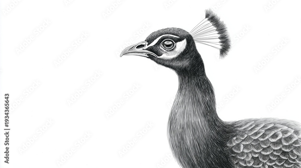Fototapeta premium Upsketch style pencil illustration of a peacock with intricate feather details, showcasing its distinctive head and neck against a clean white background