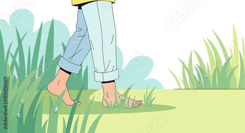 Barefoot walking through lush green grass, gentle nature, summer day, freedom