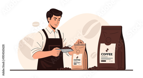 Barista Filling Coffee Beans Bag, Fresh Roasted Coffee Packaging, Aromatic Beans