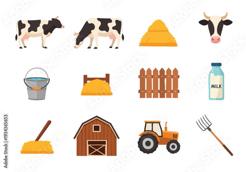 Farm Animals and Equipment Collection Cows, Barn, Tractor, Hay, Milk, Bucket, and Fence for Rural Life and Agriculture