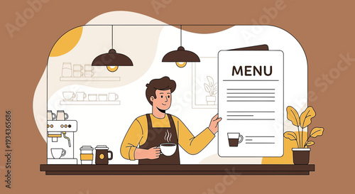 Barista holding coffee menu and cup in cafe interior, modern flat illustration