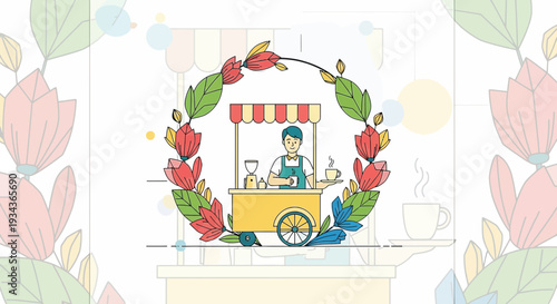 Barista Making Coffee at Cart Surrounded by Floral Wreath