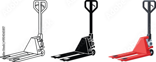 Set of pallet jack icons in outline silhouette and color representing manual material handling equipment for logistics and warehouse operations