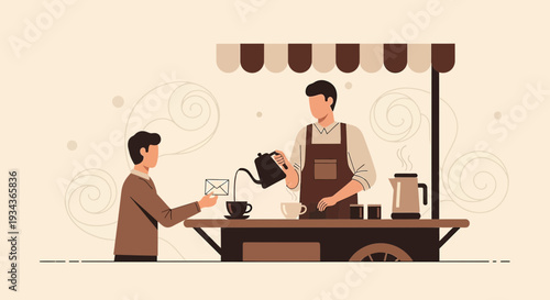 Barista Serving Coffee at Street Cart - Flat Illustration