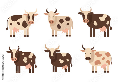 Vector Illustrations of Six Different Cow Breeds Standing and Looking Forward on a White Background