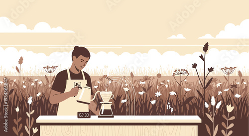 Barista Making Pour Over Coffee in a Wildflower Meadow