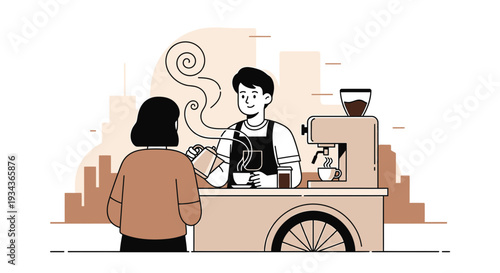 Barista Serving Coffee to Customer at Outdoor Cafe Cart