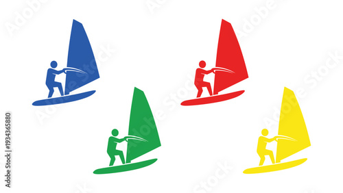 Diverse sailboats and windsurfers in colorful settings for water sports enthusiasts