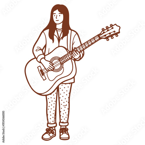 Line art illustration of a young woman playing acoustic guitar in casual outfit music and lifestyle concept