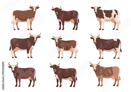 A Collection of Diverse Farm Cattle Breeds Displayed as Vector Illustrations