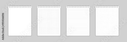 Realistic blank notebook paper mockup sheets with line, grid, dot and margin isolated on transparent background. Daily Notes Design, Personal Planner Layout