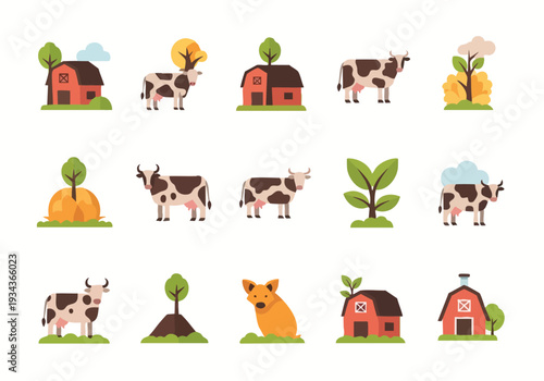 Farm life set barn, cow, dog, trees, and plants illustration icons