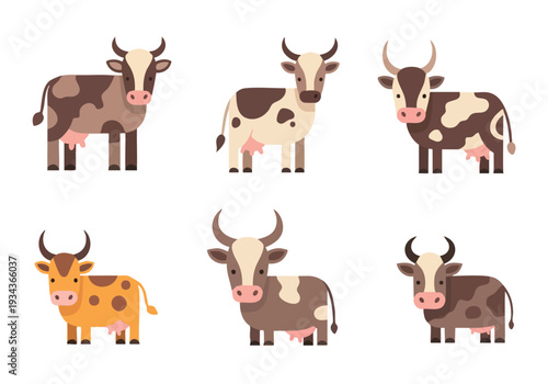 Collection of cartoon cows with different color patterns and horn shapes, isolated on a white background