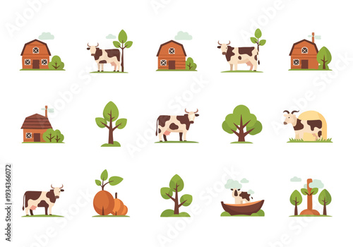 Farm icons collection featuring cows, barns, and trees, perfect for agricultural themes and rural designs