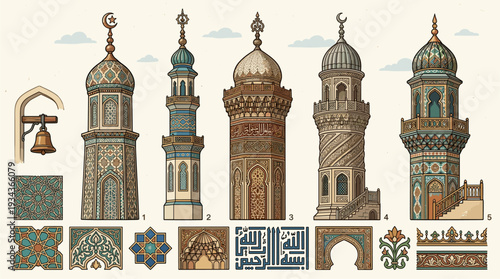 Islamic minaret towers and architectural ornaments collection with Arabic calligraphy vintage illustration