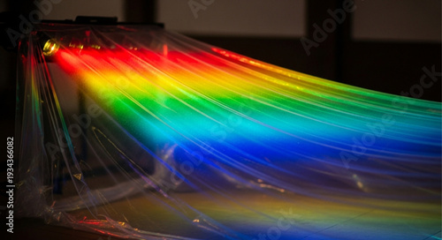 Fiber optic cables glowing with rainbow colors and light.