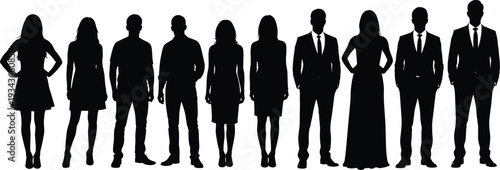 Diverse Business Team Silhouettes Standing Together in Formal and Casual Office Attire Isolated on White Background, Corporate Group Concept