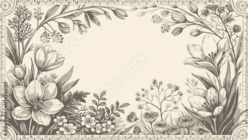 Elegant floral border with vintage botanical illustrations
