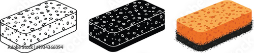 Collection of cleaning sponges presented in outline solid black and textured orange styles ideal for household cleaning hygiene and graphic design projects