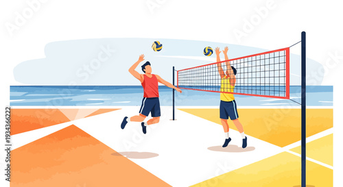 Beach Volleyball Players Actively Playing Game on Sandy Court Near Ocean