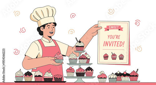 Baker with Cupcakes and Invitation Card - Sweet Celebration Illustration
