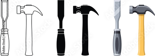 Set of carpentry and construction hand tools featuring chisels and hammers in outline silhouette and colored vector illustrations ideal for DIY projects and repair concepts