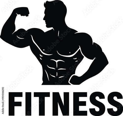 Bold black and white fitness logo illustration, muscular man flexing arm, strong physique silhouette, gym strength training emblem, bodybuilding motivation graphic