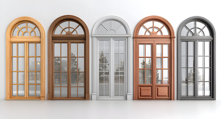 Set of five elegant arched wooden window frames in different colors and finishes isolated on clean white background wall
