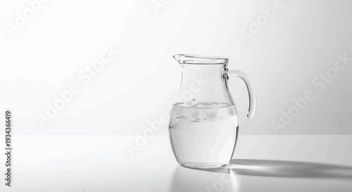 Clear glass water pitcher with ice cubes sits in bright minimalist light.