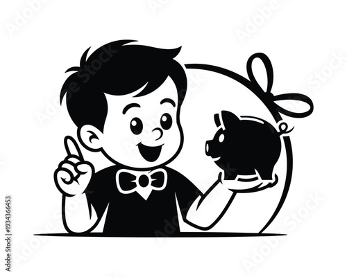 Cheerful cartoon boy with a bowtie holding a piggy bank in his hand