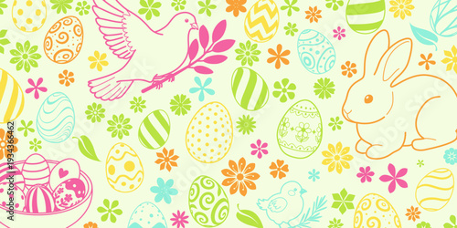 Easter background with pastel colors, eggs, bunny, bird, flowers on cream.