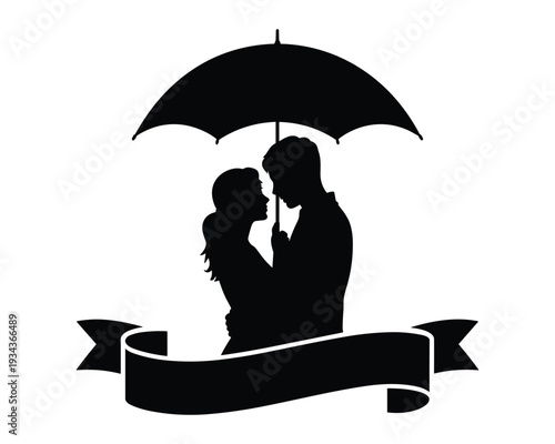 Romantic silhouette of a couple embracing under an umbrella with a banner below