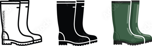 Set of rubber boots icons in various styles including outline solid black and green flat design perfect for weather apps or outdoor activity graphics