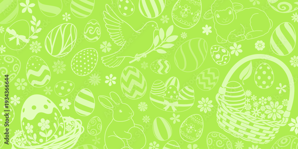 Fototapeta premium Bright green background with white Easter eggs, bunnies, and flowers, creating a festive and playful atmosphere.