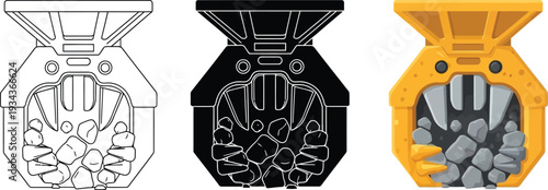 Industrial crusher machine with rocks inside vector illustration in line art silhouette and color styles for heavy industry or mining concepts