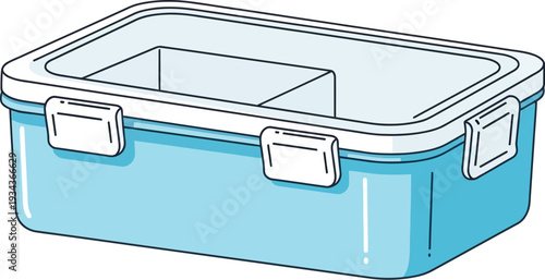 Plastic food storage container with two internal dividers rests isolated.