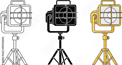 Collection of professional stage spotlights on adjustable tripods featuring outline solid black and colored vector designs perfect for event planning film production or industrial safety graphics