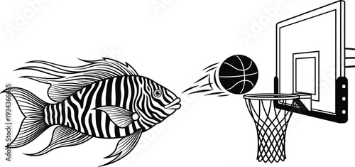 Zebra fish shoots black basketball into hoop black and white cartoon