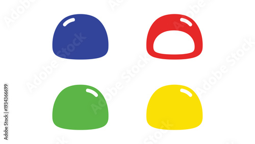 Four colorful rounded shapes resembling stylized mushrooms or buttons in a grid layout