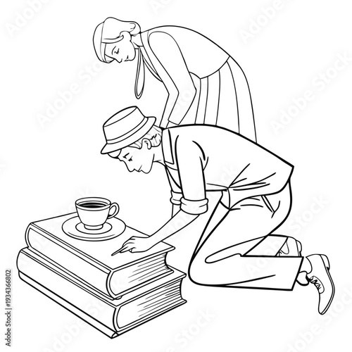 A stylish man and woman engrossed in reading books with coffee enjoying intellectual pursuit