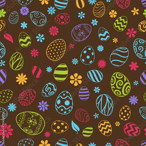 Easter seamless pattern with colorful eggs and flowers on brown background, perfect for holiday designs.
