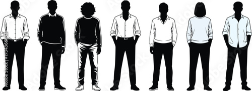 Men in shirts and casual outfits silhouettes collection, male full body standing figures isolated on white background vector illustration set