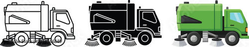 Collection of street sweeper truck illustrations featuring outline glyph and colorful vector styles ideal for urban cleaning and public service designs