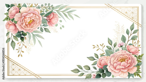 Elegant floral frame with pink peonies and gold accents