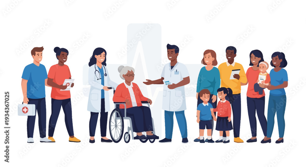 Fototapeta premium Diverse Community Healthcare Support: Doctors, Nurses, Elderly Patient, Families & Children Receiving Medical Care & First Aid Services