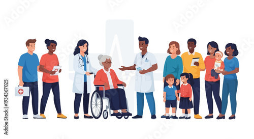 Diverse Community Healthcare Support: Doctors, Nurses, Elderly Patient, Families & Children Receiving Medical Care & First Aid Services