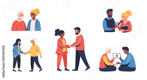 Diverse Business Interactions: Communication, Collaboration, Networking, and Digital Connection Vector Set