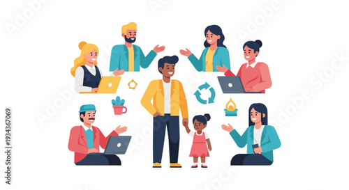 Diverse Community Collaboration and Modern Workforce Engagement with Family. Flat vector illustration showcasing global talent, teamwork, and work-life balance.